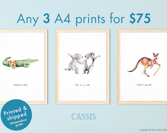 Special offer set of 3 Prints: 75 Dollars | Australian Animal Pun Watercolour A4 Art, wombat, wallaby, koala, quokka, budgie | Nursery decor