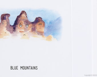 Blue Mountains Australien Wand Kunstdruck | Katoomba NSW | Drei Schwestern | Moderne australische Kunst | Aussie Kunstliebhaber | Lustiger Aquarell Druck