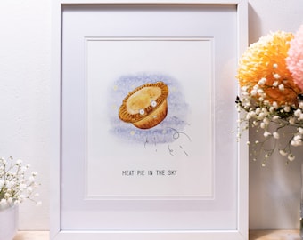 Meat Pie Wand Kunstdruck | Moderne australische Kunst | Niedliches Küchendekor | Lustiges Geschenk für Kuchenliebhaber | Meat Pie in the Sky Aquarell Druck