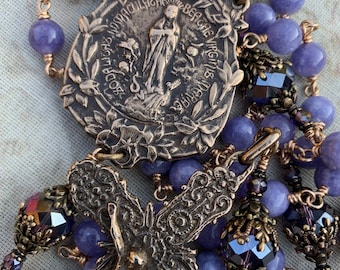 Chapelet artisanal immaculée en pierres précieuses et bronze / Vierge Marie et Saint Jean-Baptiste La Salle