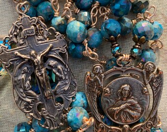 Chapelet Notre-Dame des Anges fait main en bronze et pierres précieuses