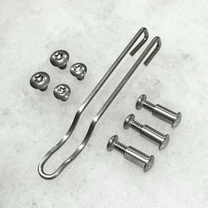 Può includere: Un set di ferramenta argentata per chitarra, tra cui un bottone per cinturino in metallo, quattro piccole viti e tre viti più grandi con dadi.