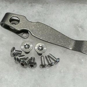 Könnte beinhalten: Ein silberfarbener Taschenclip mit einem kreisförmigen Loch und einem gebogenen Design, zusammen mit mehreren kleinen silbernen Schrauben. Der Clip hat eine strukturierte Oberfläche und ein abgerundetes Ende. Die Schrauben haben eine sternförmige Vertiefung.