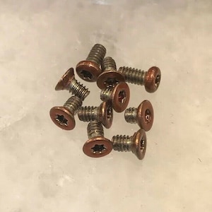 Puede incluir: Un grupo de diez pequeños tornillos de color cobre con cabeza de estrella.