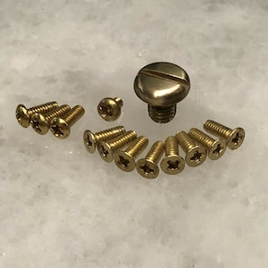 May include: A set of 14 gold-toned screws, including one larger screw with a slotted head. The screws are arranged in a semi-circle on a white surface.