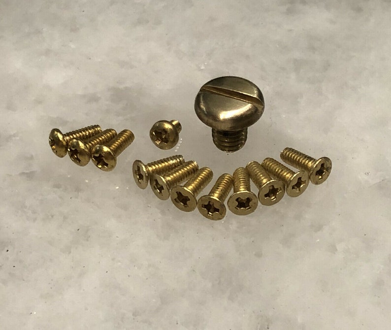 May include: A set of 14 gold-toned screws, including one larger screw with a slotted head. The screws are arranged in a semi-circle on a white surface.
