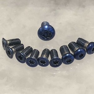 Puede incluir: Un conjunto de diez tornillos azules con cabeza de estrella. Los tornillos están dispuestos en semicírculo con el tornillo superior en el centro.