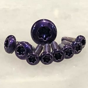 Puede incluir: Un juego de ocho tornillos de estrella de color morado. Los tornillos tienen un acabado metálico brillante y están dispuestos en semicírculo.