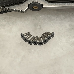May include: A close-up of ten small, silver-colored screws with a cross-shaped head. The screws are arranged in a semi-circle on a white surface.