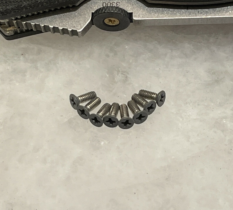 May include: A close-up of ten small, silver-colored screws with a cross-shaped head. The screws are arranged in a semi-circle on a white surface.