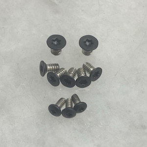 May include: A collection of ten small metal screws with black, flat, countersunk heads featuring a star-shaped Torx drive pattern. The screws have silver-colored threaded shanks and are arranged in three rows on a light, textured surface.
