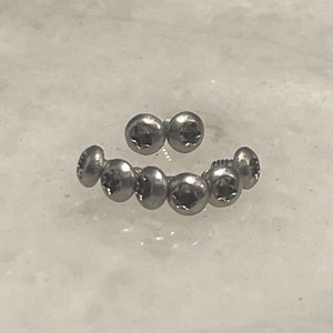 Puede incluir: Un juego de tornillos de metal de color plateado con cabezas en forma de estrella. Los tornillos están dispuestos en una línea curva, con dos tornillos más pequeños en la parte superior.