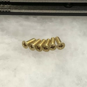 Puede incluir: Primer plano de siete tornillos de color dorado con cabeza de cruz.