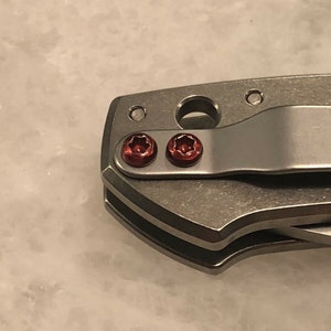 May include: Close-up of a silver pocket knife with a black handle and two red screws. The knife has a clip on the side and a logo on the handle.