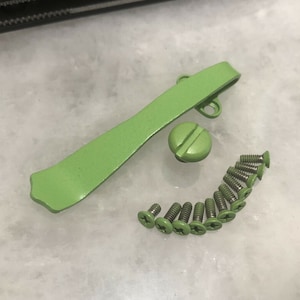 Pode incluir: Um clip de bolso de metal verde com um parafuso e oito parafusos. Os parafusos s&atilde;o todos do mesmo tamanho e t&ecirc;m uma cabe&ccedil;a em forma de estrela.