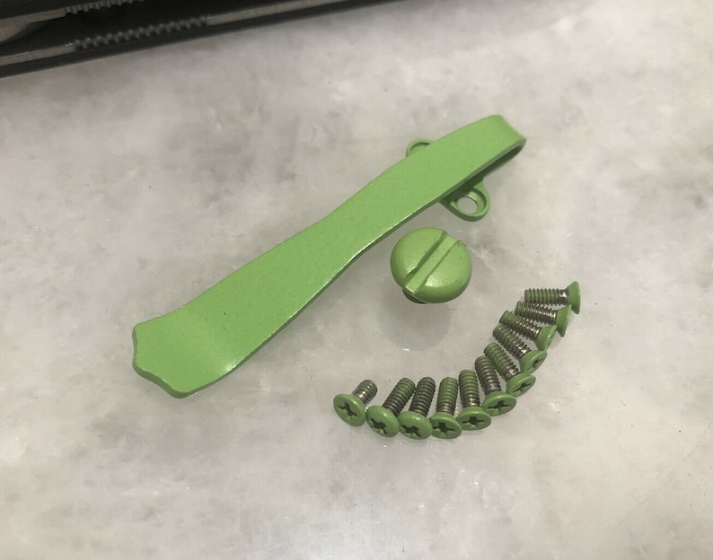 Pode incluir: Um clip de bolso de metal verde com um parafuso e oito parafusos. Os parafusos s&atilde;o todos do mesmo tamanho e t&ecirc;m uma cabe&ccedil;a em forma de estrela.