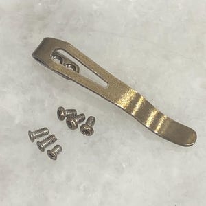 May include: A bronze-colored pocket clip with a curved design and three screw holes. Six small, silver-colored screws are arranged below the clip. The clip has a textured, worn appearance.
