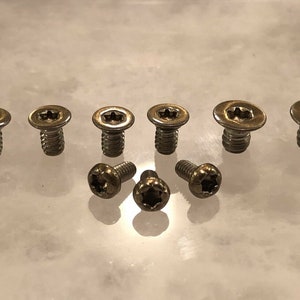 Puede incluir: Un juego de diez tornillos plateados con cabeza de estrella.