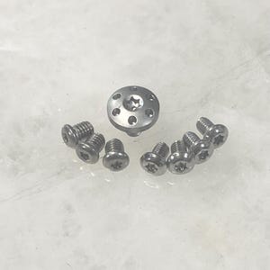 May include: A collection of small, silver-coloured screws and a larger, circular piece with multiple holes. The screws have a star-shaped indentation on their heads. The items are arranged on a light-coloured surface.