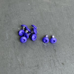 Peut inclure: Un groupe de dix vis à tête étoilée violettes avec des têtes argentées, et deux vis à tête étoilée violettes supplémentaires avec des têtes argentées.