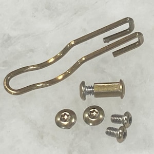 Puede incluir: Un conjunto de componentes de hardware de color latón, que incluye un clip curvo, un tornillo cilíndrico, dos tornillos de cabeza plana y dos tornillos pequeños. Los artículos están dispuestos sobre una superficie clara.