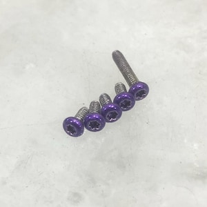 May include: A collection of six screws with silver shafts and vibrant purple heads. The screws are arranged diagonally, showcasing their detailed design and color contrast. The heads have a star-shaped indentation.