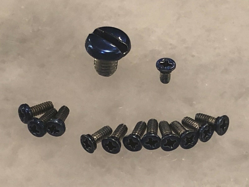 May include: A collection of 13 blue screws, including one larger screw with a slotted head and 12 smaller screws with star-shaped heads.