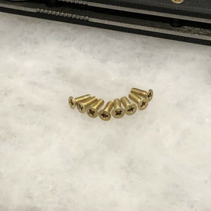 May include: A close-up of ten gold-colored screws with a cross-shaped head.