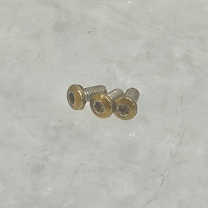 May include: Three small, gold-colored screws with a hex socket head. The screws are arranged in a row, with the heads facing up. The screws are on a light-colored surface.