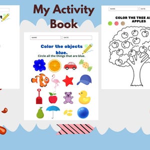 Puede incluir: Un libro de actividades para niños con el título "My Activity Book" con hojas de trabajo para colorear y recortar. El libro incluye páginas con ilustraciones de un árbol, manzanas y varios objetos. El libro tiene 45 páginas.