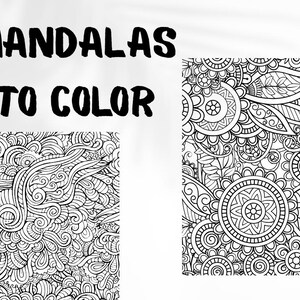 Puede incluir: Dibujos de mandalas en blanco y negro para colorear. La imagen incluye el texto "MANDALAS TO COLOR" en letras negras en negrita. Se muestran dos patrones de mandala detallados, que muestran intrincados elementos florales y geométricos.