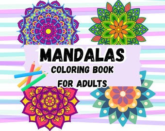 Pode incluir: Ilustração colorida de um livro de colorir mandalas para adultos. A capa apresenta quatro designs de mandala diferentes em várias cores, com a palavra "MANDALAS" em letras pretas grandes. Lápis de cor são colocados perto do texto.