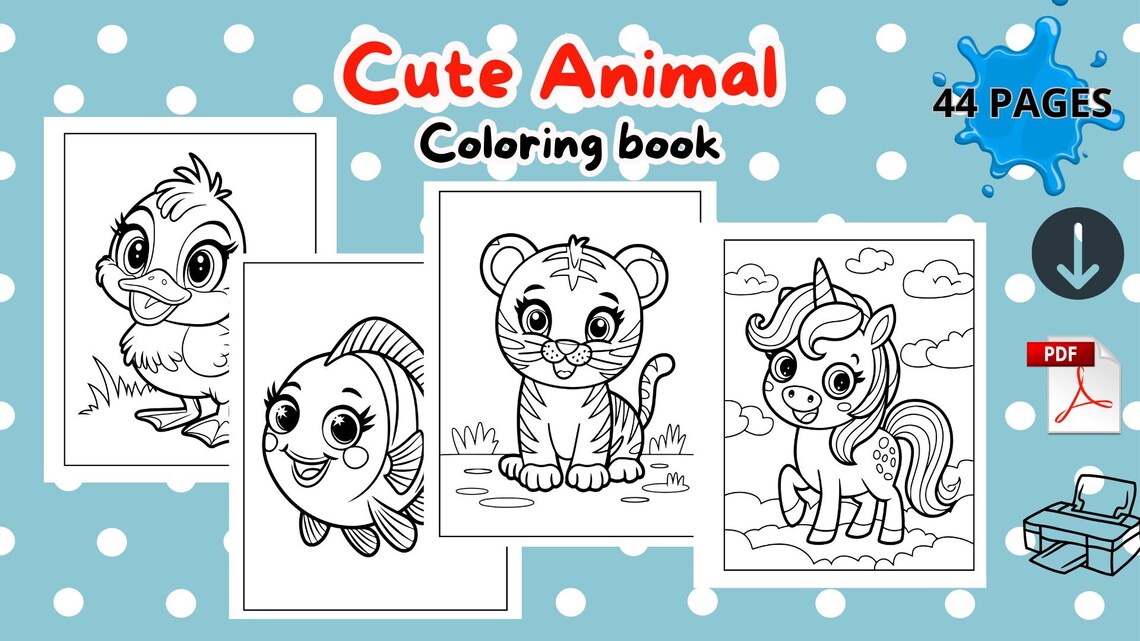 Printable 44 Pages Cute Animal Coloring Book for Kids PDF Fun and Easy ...