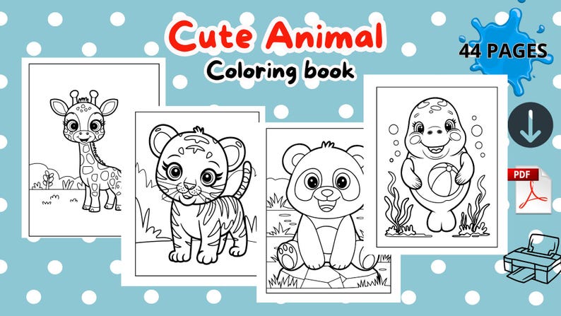 Printable 44 Pages Cute Animal Coloring Book for Kids PDF Fun and Easy ...