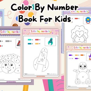 Puede incluir: Una colección de libros de actividades de colorear por números para niños. Los libros presentan varias imágenes, incluyendo un cohete, una mariquita y un pingüino, con claves de color correspondientes. El texto "Color By Number Book For Kids" se muestra en la parte superior.