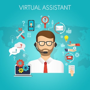 May include: Illustration of a virtual assistant wearing a headset and a beard, sporting a white shirt and red tie. The illustration is surrounded by icons representing various tasks and services, such as a question mark, a light bulb, a spanner, a laptop, a phone, and a checklist.