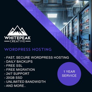 Może przedstawiać: Grafika z fioletowym i czarnym tłem przedstawiająca białe logo góry z tekstem "WHITEPEAK -CREATIVE- WORDPRESS HOSTING". Grafika zawiera listę funkcji hostingu WordPress, w tym codzienne kopie zapasowe, bezpłatne SSL, bezpłatną migrację, całodobowe wsparcie, 20 GB SSD, nieograniczoną przepustowość i wiele więcej. Grafika zawiera również fioletowe koło z tekstem "1 YEAR SERVICE".