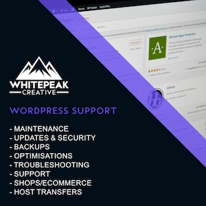 Könnte beinhalten: Ein blaues und weißes Logo mit dem Text "WHITEPEAK -CREATIVE- WORDPRESS SUPPORT" und einer Liste der angebotenen Dienstleistungen: Wartung, Updates & Sicherheit, Backups, Optimierungen, Fehlerbehebung, Support, Shops/E-Commerce, Host-Transfers.