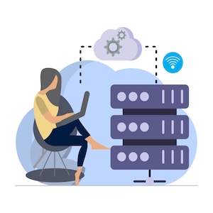 Może przedstawiać: Ilustracja osoby siedzącej na krześle i korzystającej z laptopa, aby uzyskać dostęp do serwera w chmurze. Serwer jest przedstawiony jako stos trzech niebieskich pudełek z białymi kółkami i pionowymi liniami. Chmura jest biała z szarymi zębatkami i połączona z serwerem linią przerywaną. Niebieski symbol Wi-Fi znajduje się w prawym górnym rogu.