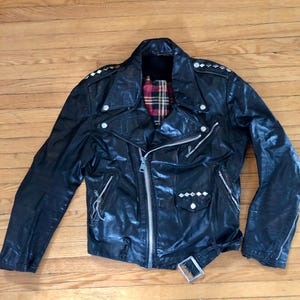 60s classic vintage leather motorcycle biker jacket with plaid lining