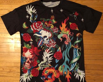Vintage Ed Hardy Fullprint Longsleeve T-shirt: Skull Tattoo Design