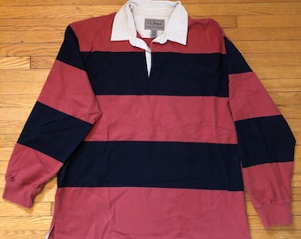 2000s L.L. Bean Lachsrot und schwarz gestreiftes Vintage Kragenrugby Jersey Sweatshirt