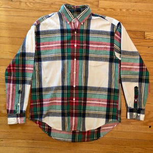 90s White Green Red Black Blue Yellow Plaid vintage cotton button shirt