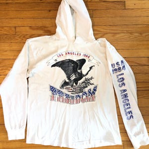 1984 Los Angeles Freedom hooded long sleeve vintage tee shirt with sleeve print