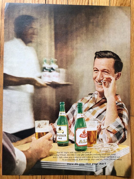 al's liquor tobacco beer 1958 O’Keefe Ale & Old Stock Ale original advertisement smoking guy 11x14