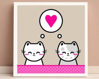 Minimalist Cat Art Print | Two Cats Heart (Digital Download)