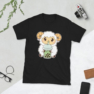 Kawaii Cute Chinese Zodiac Year of the Goat Ram Sheep Asian Food Foodie Matcha Green Boba Bubble Pearl Milk Tea Short-Sleeve Unisex T-Shirt