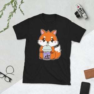 Kawaii Lindo Boba Zorro Rojo Amante de los Animales Comida Asiática Foodie Purple Taro Ube Bubble Pearl Milk Tea Camiseta Unisex de Manga Corta