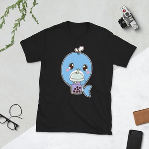 Kawaii Lindo Boba Ballena Animal Amante de la comida asiática Foodie Purple Taro Ube Bubble Pearl Milk Tea Short-Sleeve Unisex T-Shirt