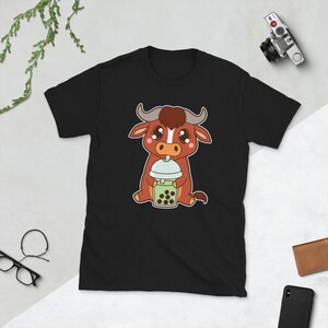Kawaii Cute Chinese Zodiac Year of the Ox Cow Asian Food Foodie Matcha Green Boba Bubble Pearl Milk Tea Short-Sleeve Unisex T-Shirt